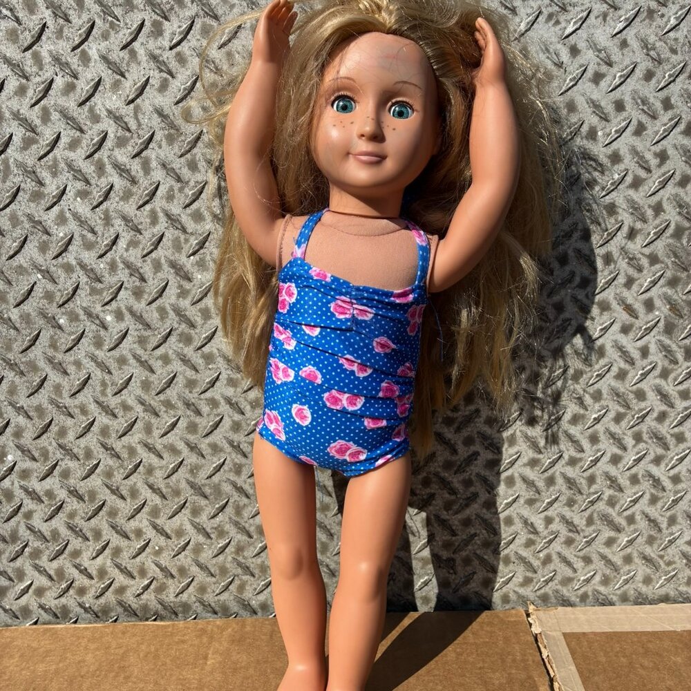 Our Generation Doll Blonde Hair Blue Eyes Floral Patterned Swimsuit Battat